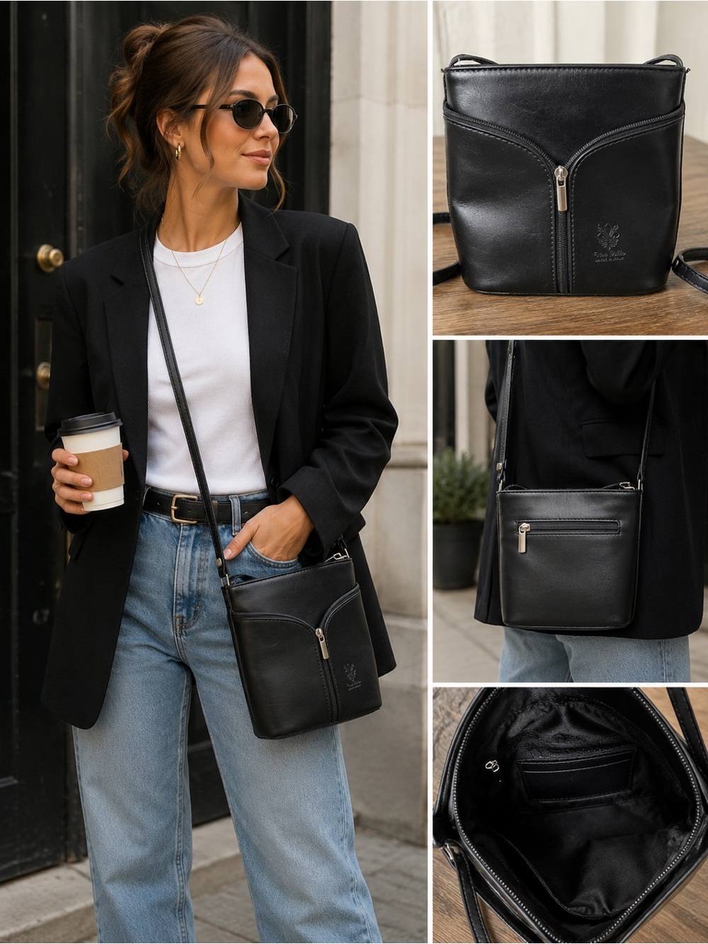 Y2K 90’s Italian Genuine Leather Black Crossbody Bag Purse Zip Minimalist